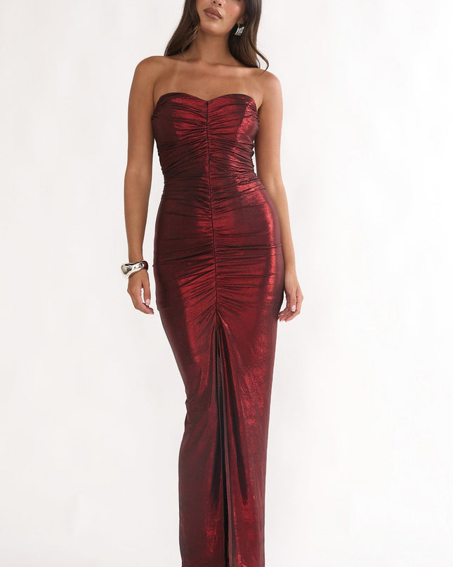 Red Strapless Ruched Maxi Dress