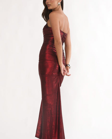 Red Strapless Ruched Maxi Dress