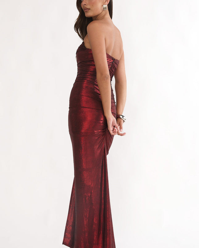 Red Strapless Ruched Maxi Dress
