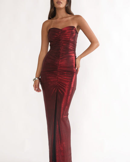 Red Strapless Ruched Maxi Dress