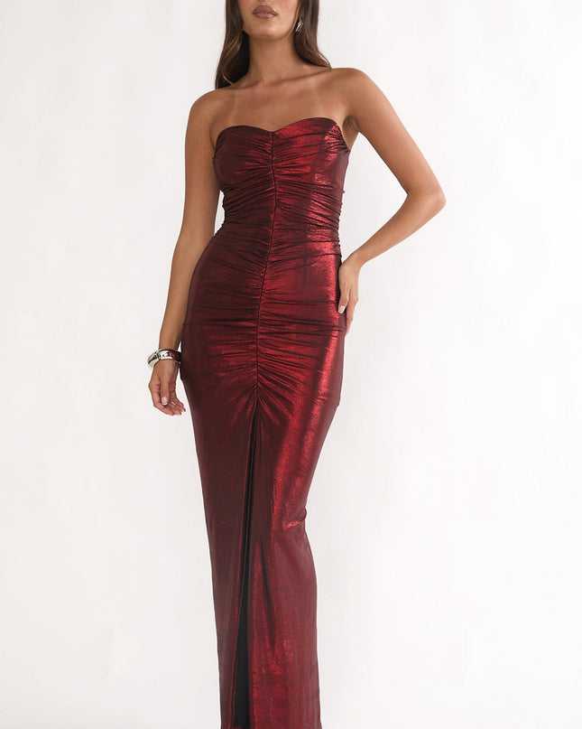 Red Strapless Ruched Maxi Dress
