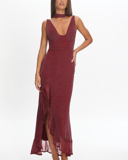 Wine Twist Back Split Maxi Dress
