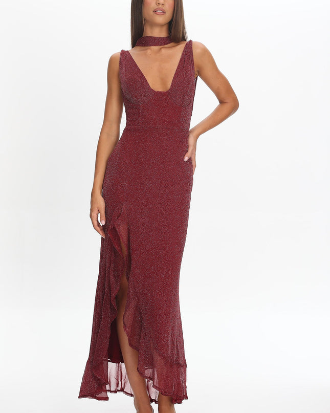 Wine Twist Back Split Maxi Dress