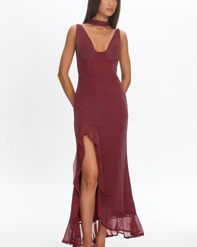 Wine Twist Back Split Maxi Dress