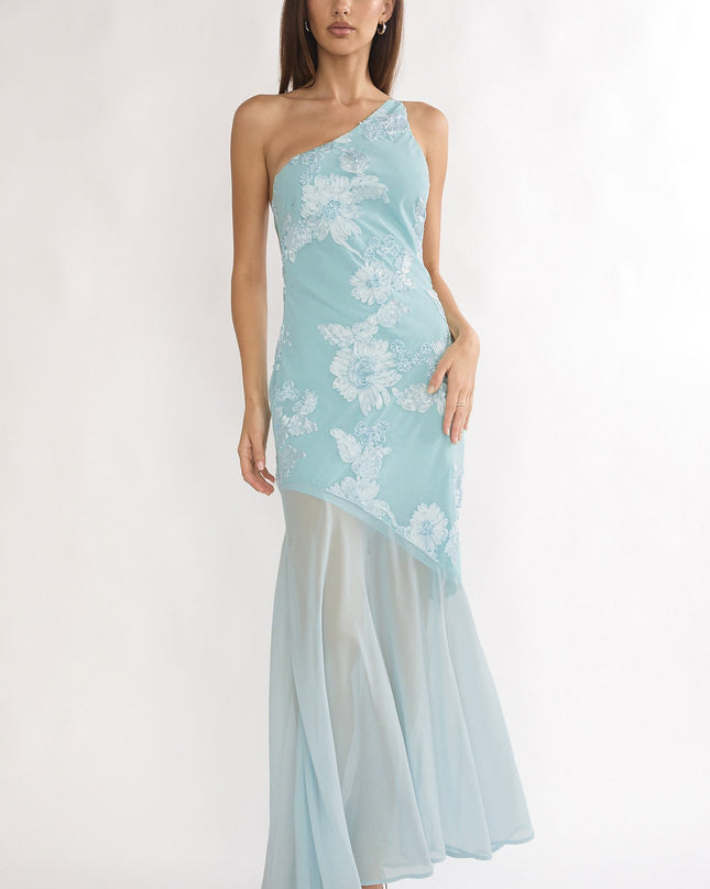 Aqua One-Shoulder Sheer Hem Maxi Dress