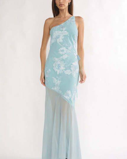Aqua One-Shoulder Sheer Hem Maxi Dress