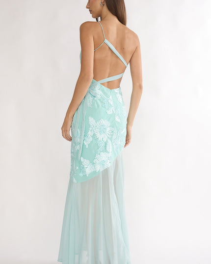 Aqua One-Shoulder Sheer Hem Maxi Dress