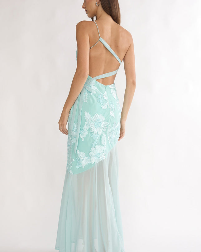 Aqua One-Shoulder Sheer Hem Maxi Dress