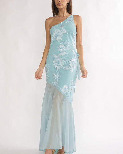 Aqua One-Shoulder Sheer Hem Maxi Dress