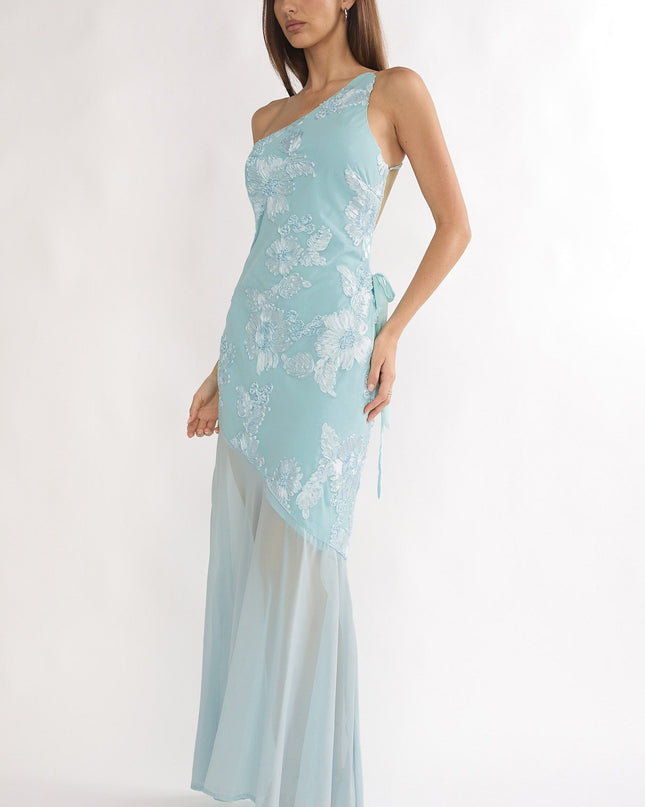 Aqua One-Shoulder Sheer Hem Maxi Dress