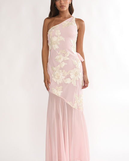Pink One-Shoulder Sheer Hem Maxi Dress