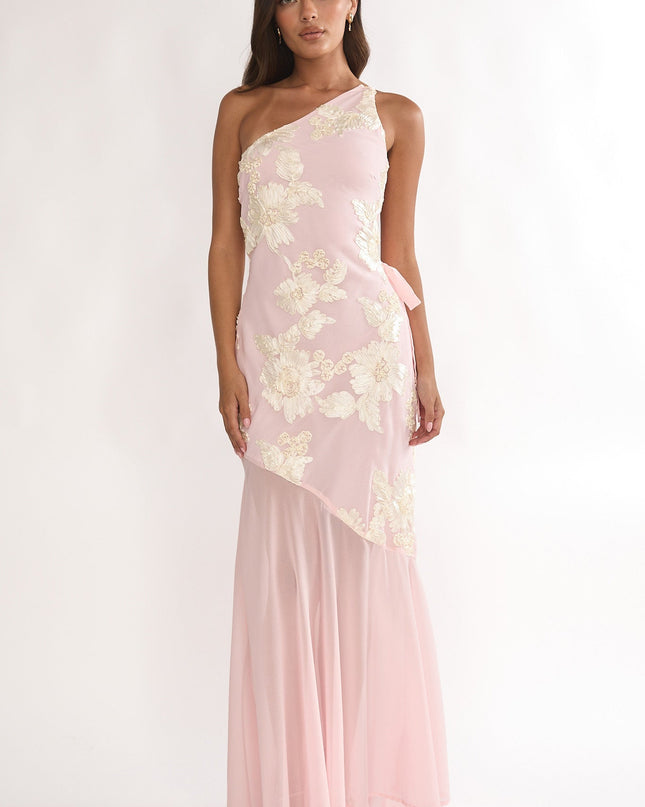 Pink One-Shoulder Sheer Hem Maxi Dress