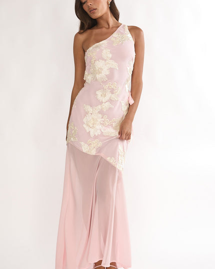 Pink One-Shoulder Sheer Hem Maxi Dress