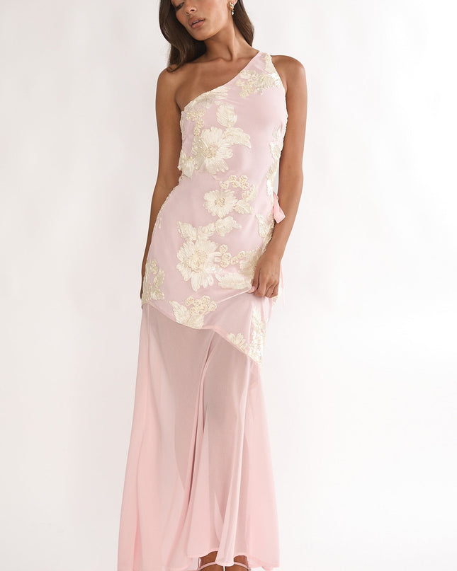 Pink One-Shoulder Sheer Hem Maxi Dress