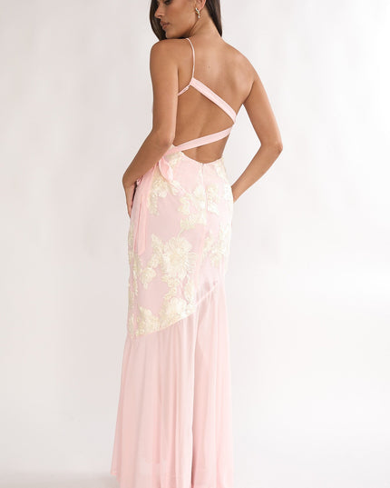 Pink One-Shoulder Sheer Hem Maxi Dress