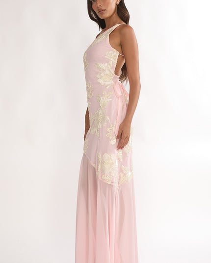 Pink One-Shoulder Sheer Hem Maxi Dress
