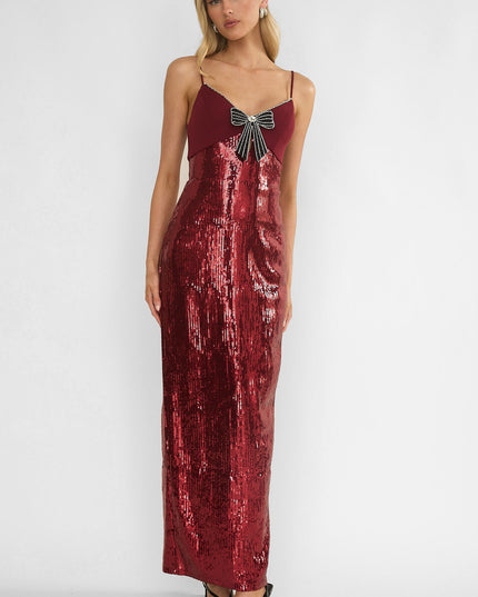 Wine Sequin Bow & Diamante Maxi Dress