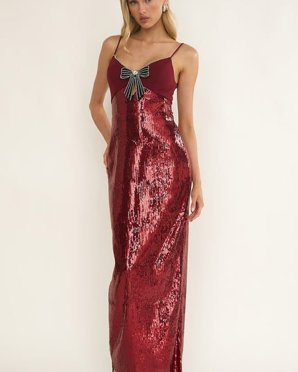 Wine Sequin Bow & Diamante Maxi Dress