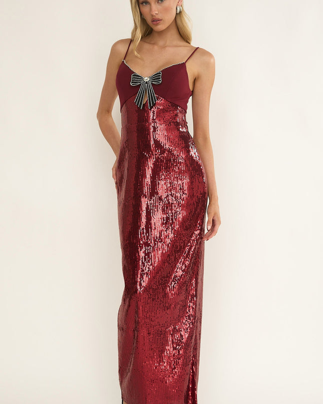 Wine Sequin Bow & Diamante Maxi Dress