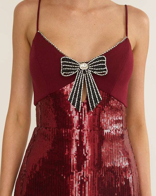 Wine Sequin Bow & Diamante Maxi Dress