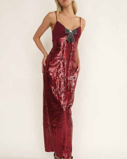 Wine Sequin Bow & Diamante Maxi Dress