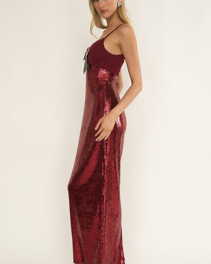 Wine Sequin Bow & Diamante Maxi Dress
