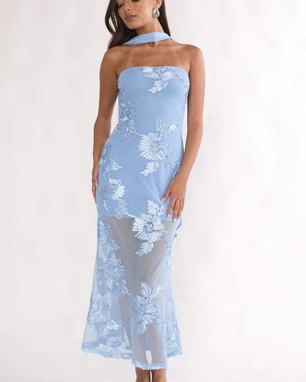 Blue Strapless Embellished Maxi Dress