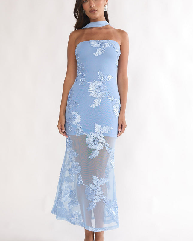 Blue Strapless Embellished Maxi Dress