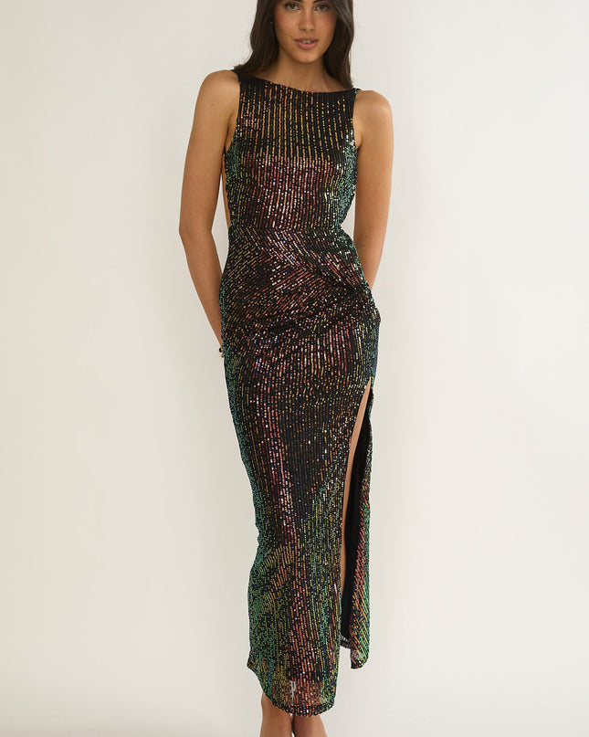 Black/Gold Backless Split Maxi Dress Sequin