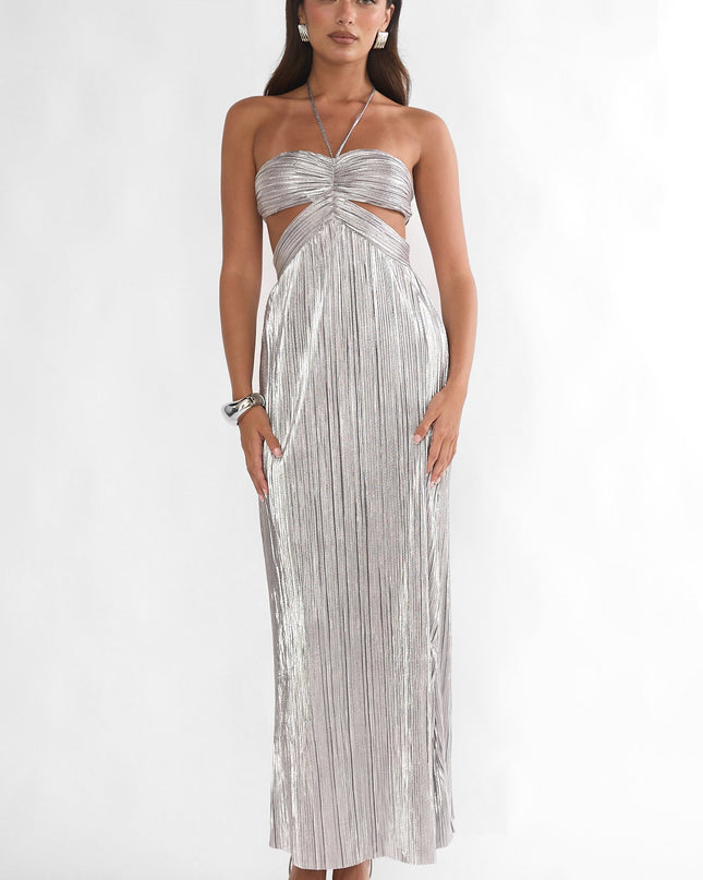 Silver Cut-Out Halterneck Maxi Dress
