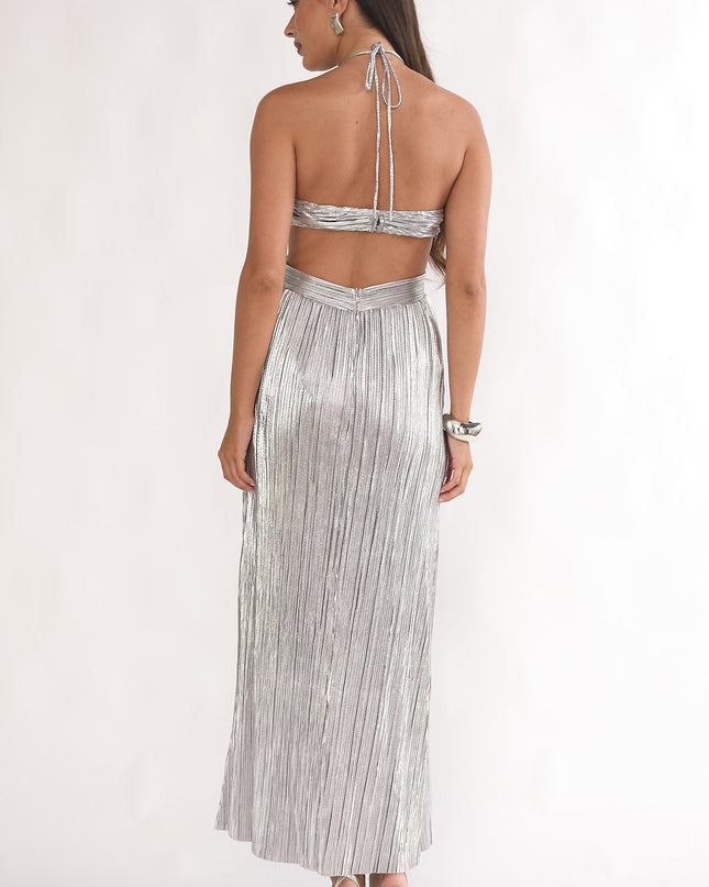Silver Cut-Out Halterneck Maxi Dress