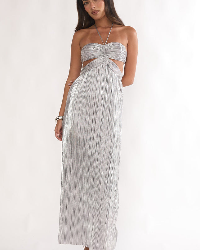 Silver Cut-Out Halterneck Maxi Dress