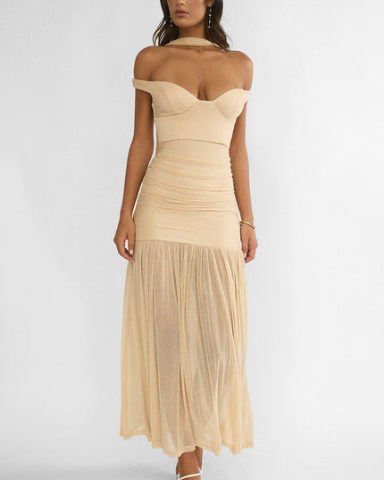 Beige Off-Shoulder Scarf Maxi Dress