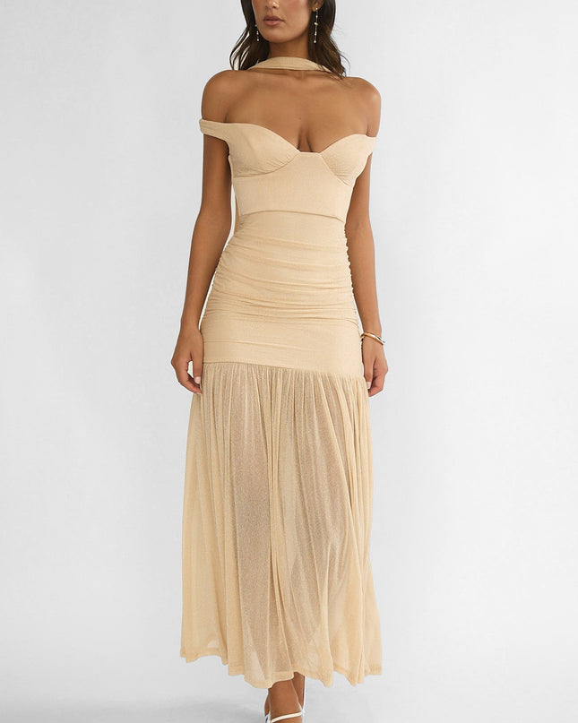 Beige Off-Shoulder Scarf Maxi Dress