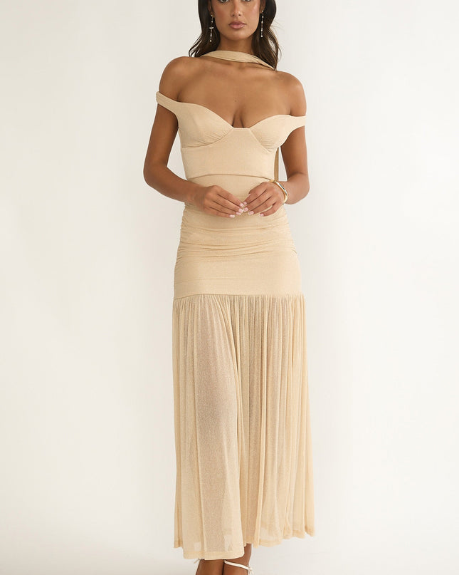 Beige Off-Shoulder Scarf Maxi Dress