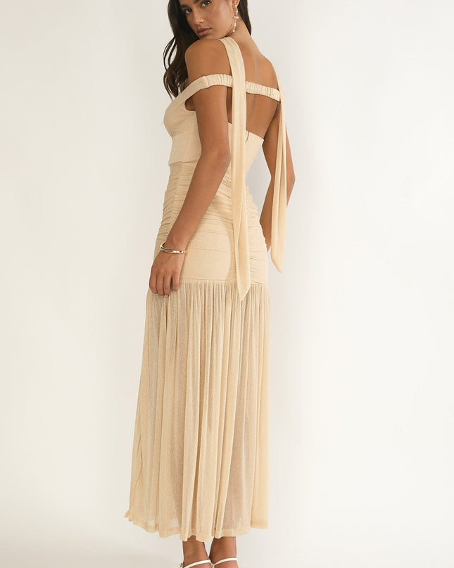 Beige Off-Shoulder Scarf Maxi Dress