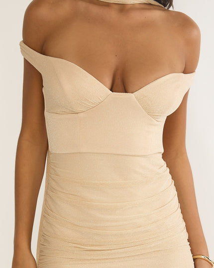 Beige Off-Shoulder Scarf Maxi Dress