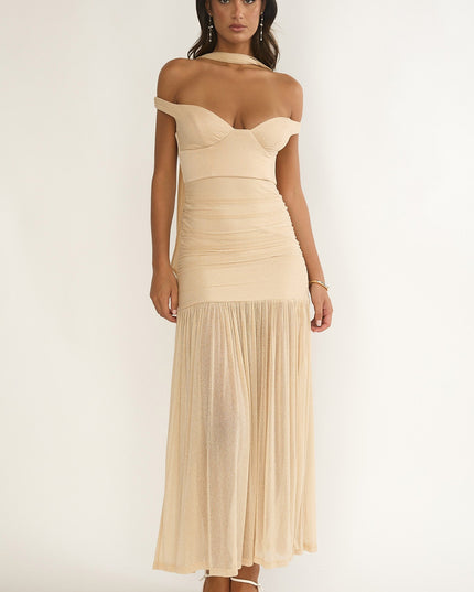Beige Off-Shoulder Scarf Maxi Dress