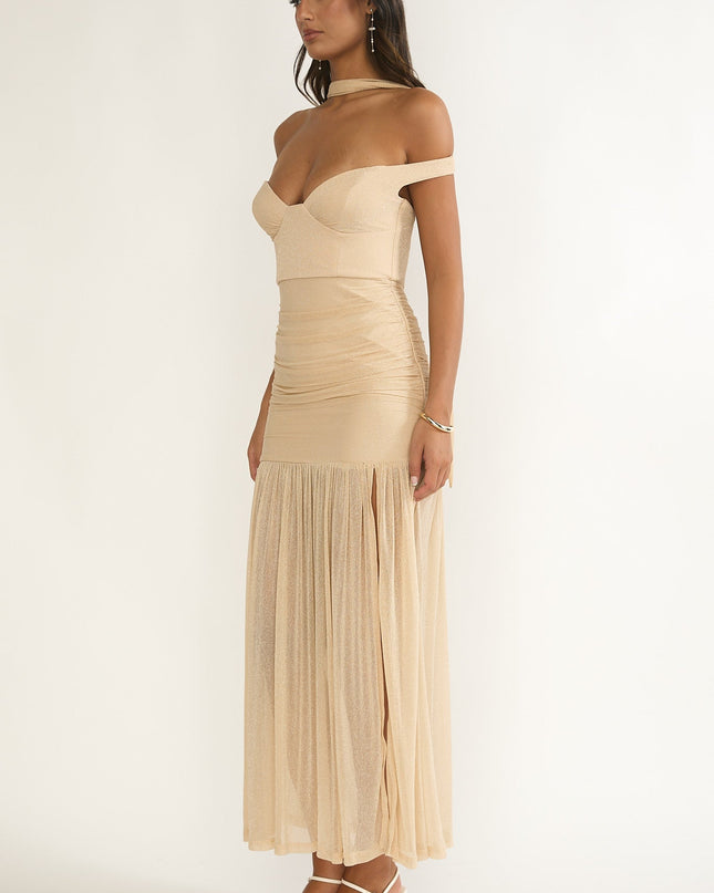 Beige Off-Shoulder Scarf Maxi Dress