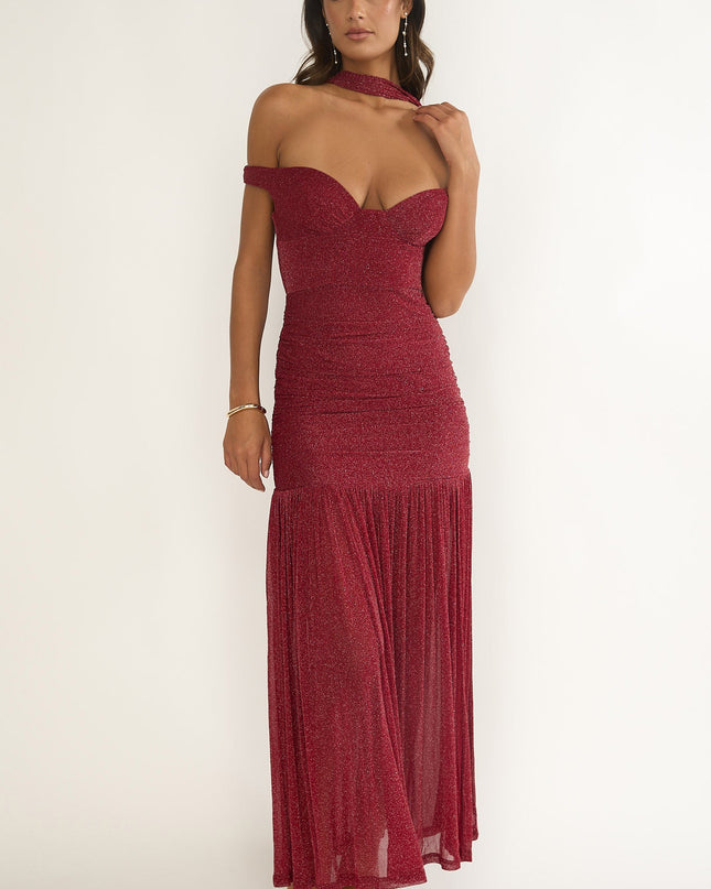 Red Off-Shoulder Scarf Maxi Dress