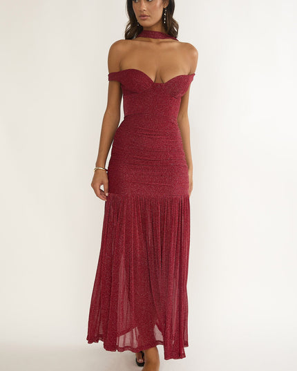 Red Off-Shoulder Scarf Maxi Dress