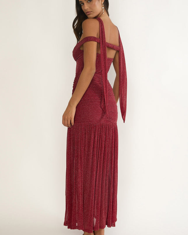 Red Off-Shoulder Scarf Maxi Dress