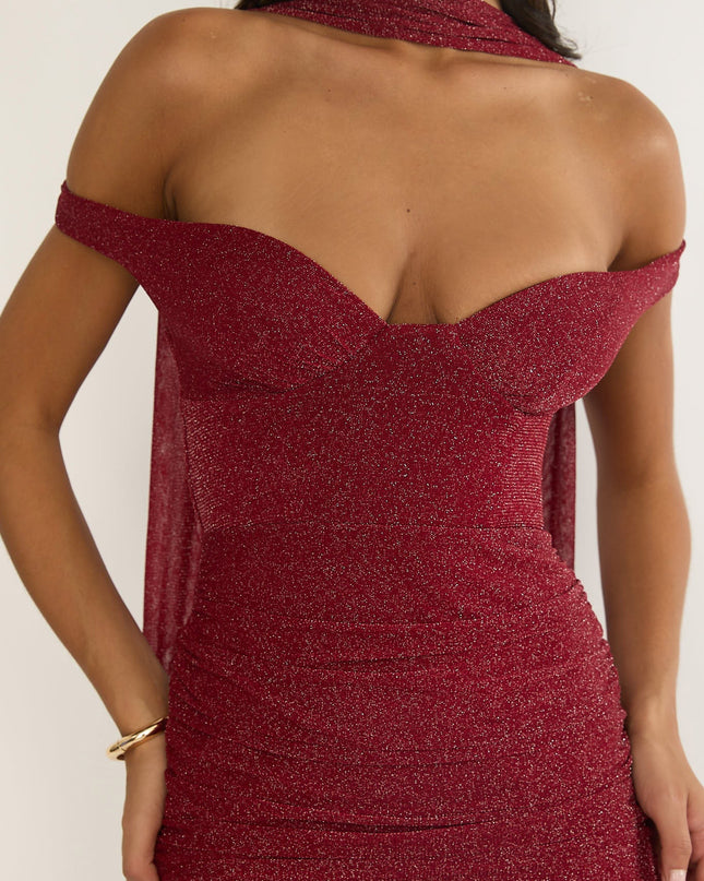 Red Off-Shoulder Scarf Maxi Dress