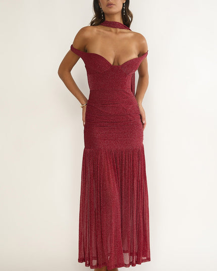 Red Off-Shoulder Scarf Maxi Dress