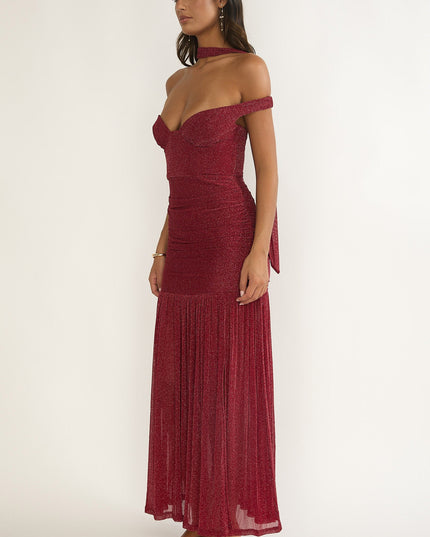 Red Off-Shoulder Scarf Maxi Dress