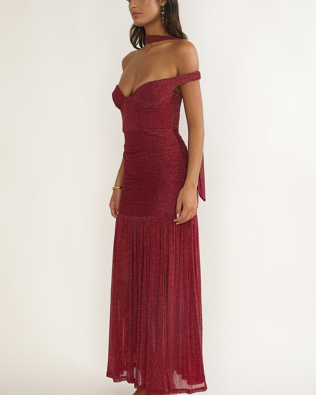 Red Off-Shoulder Scarf Maxi Dress
