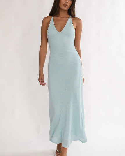 Blue Knit Sequin Maxi Dress