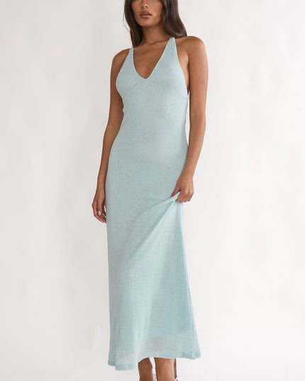 Blue Knit Sequin Maxi Dress