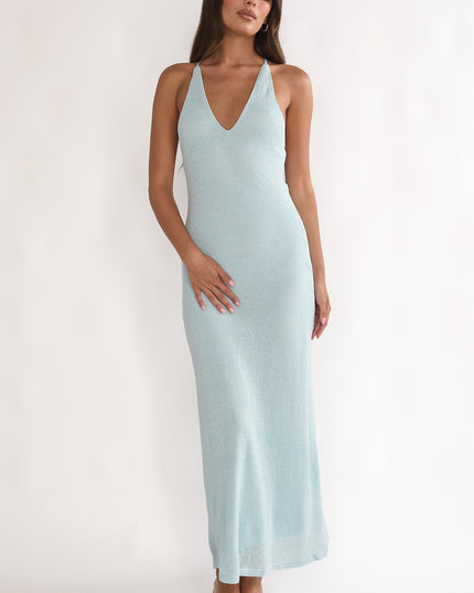 Blue Knit Sequin Maxi Dress