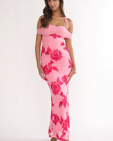 Pink Halter Off-Shoulder Maxi Dress Embellished